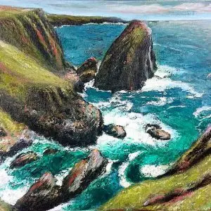 Peinture représentant des falaises des Cornouailles dominant une mer turquoise agitée, avec un goéland en vol.